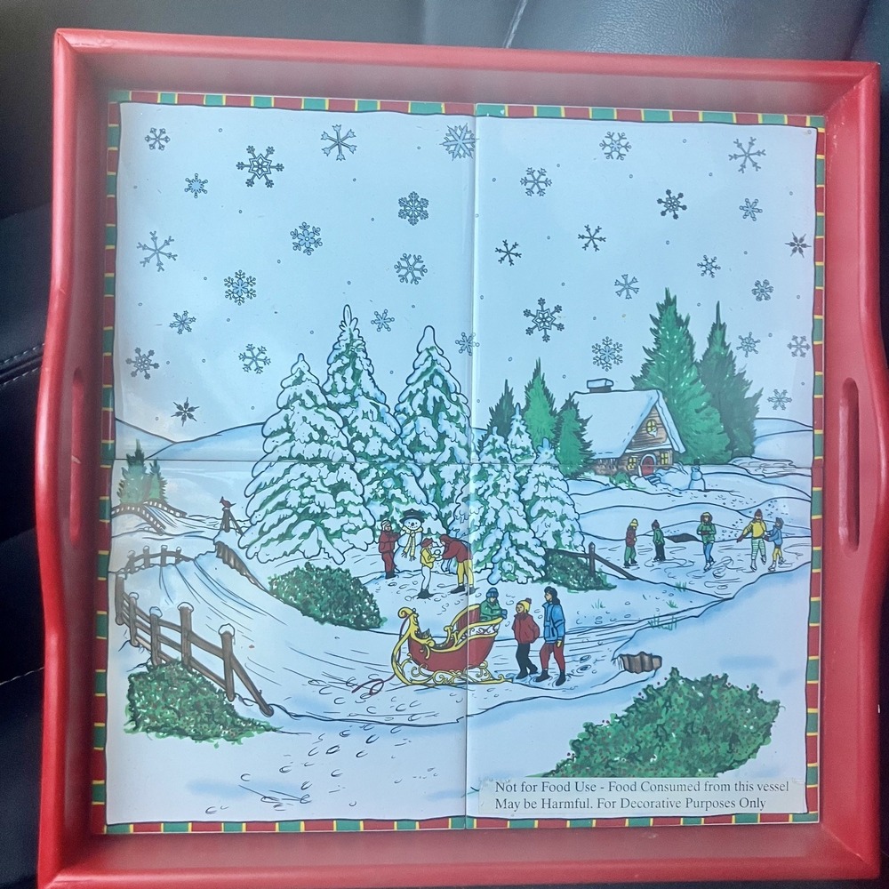 Vintage Christmas Winter‎ Scene Ceramic Tile Wood Serving Tray JCPenny 1996